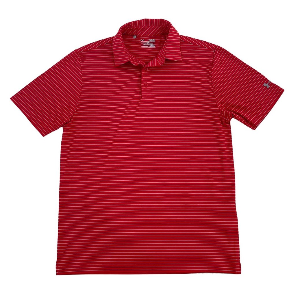 Under Armour Medium HeatGear Loose Mens Polo Red Gray Stripes Collared